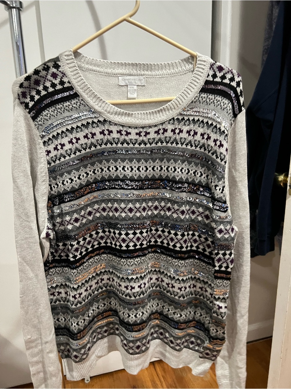 Charter Club Light Gray Crewneck Sweater with Multi-Color Fair Isle